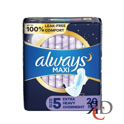 ALWAYS MAXI PADS EXTRA HEAVY OVERNIGHT WITH WINGS, SIZE 5 - 20CT/ PACK