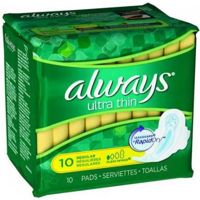 ALWAYS ULTRA THIN REGULAR PADS WITH WINGS, UNSCENTED (PACK OF 10)