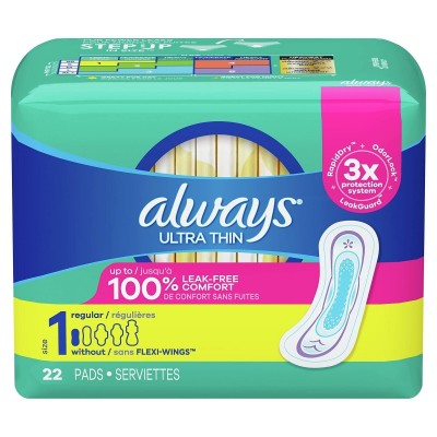 ALWAYS ULTRA THIN SIZE 1 DAYTIME WITH WINGS REGULAR UNSCENTED 22CT/ PACK