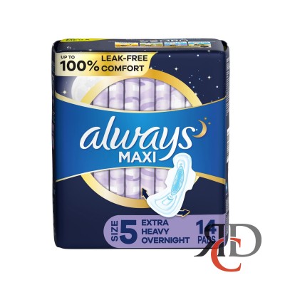 ALWAYS MAXI PADS EXTRA HEAVY OVERNIGHT WITH WINGS, SIZE 5 - 14CT/ PACK