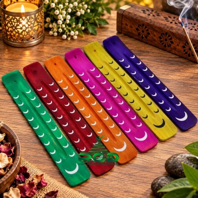 WOODEN INCENSE HOLDER FLAT ASST. COLORS - MOON 1CT