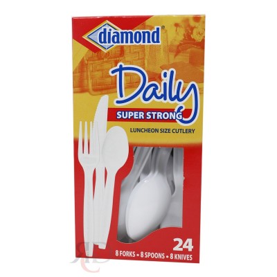 PLASTIC DIAMOND CUTLERY KNIFE SPOON FORK MIX 24CT/PACK