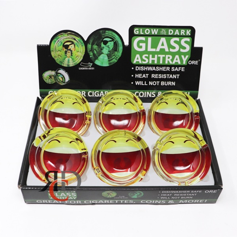 GLOW IN DARK GLASS ASHTRAY 6CT/ DISPLAY - BIG SMILEY FACE