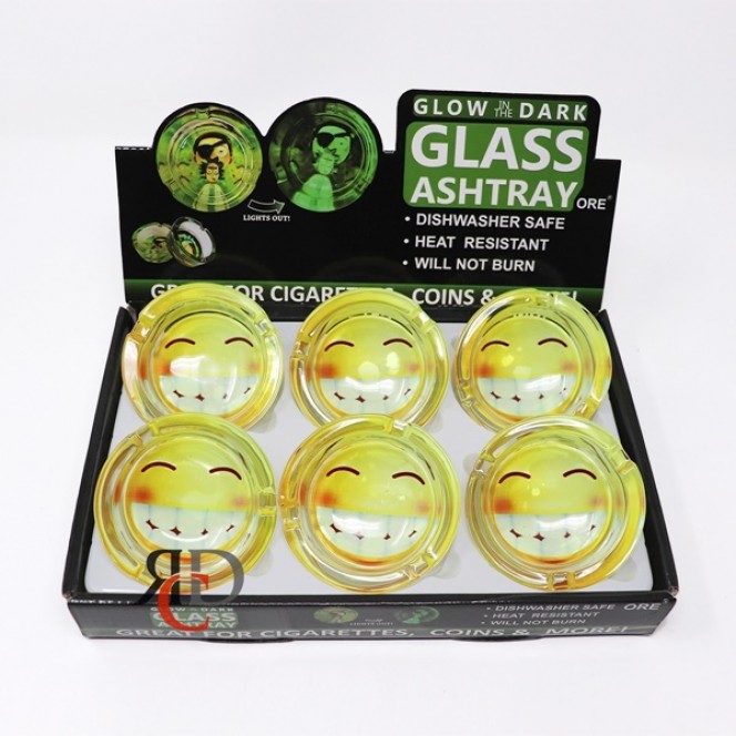 Glow In Dark Glass Ashtray 6ct  Display - Smiley Face