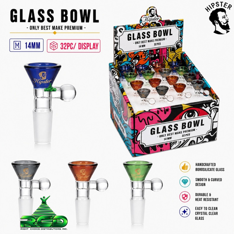 HIPSTER COLORED FUNNEL W/ BUBBLE HANDLE 14MM GLASS BOWL 32CT/ DISPLAY BMDSET11