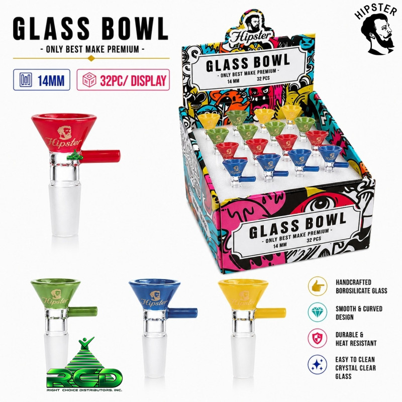 HIPSTER COLORED FUNNEL W/ ST. HANDLE 14MM GLASS BOWL 32CT/ DISPLAY BMDSET07