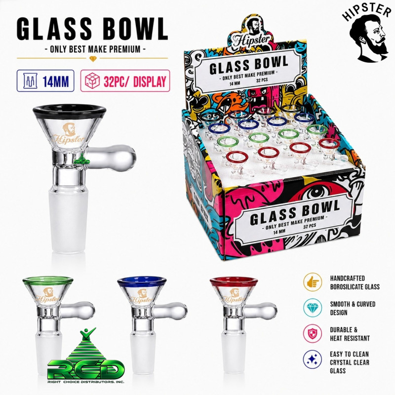 HIPSTER COLORED TOP FUNNEL W/ RND. HANDLE 14MM GLASS BOWL 32CT/ DISPLAY BMDSET09