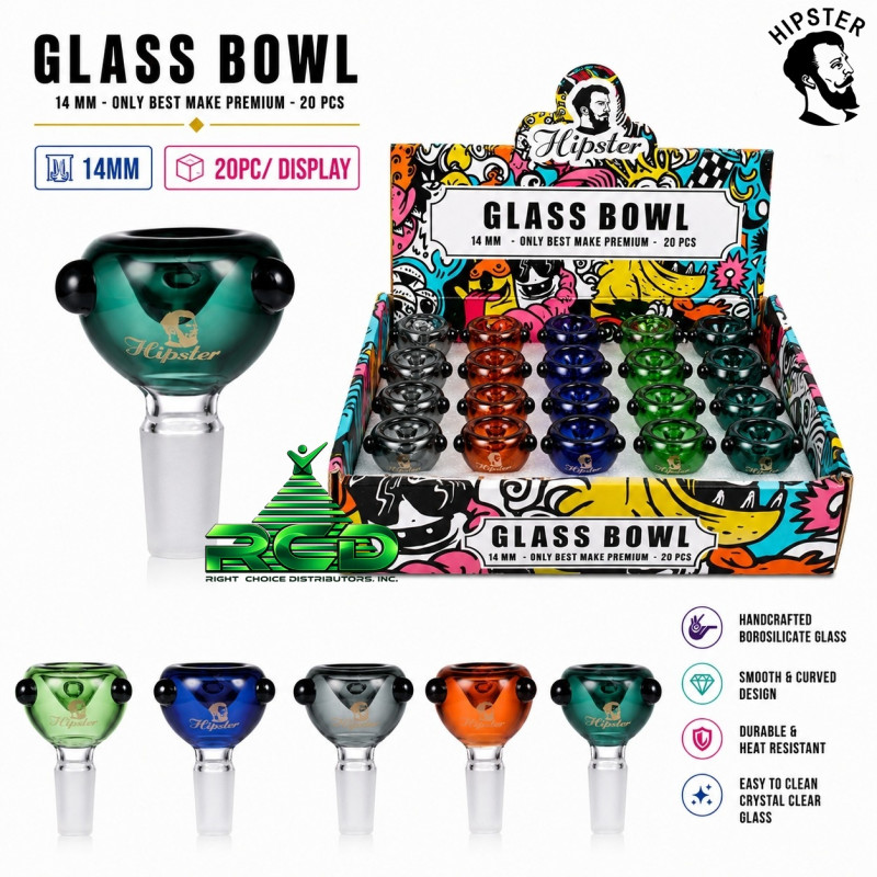 HIPSTER CONE COLORED 14MM GLASS BOWL 20CT/ DISPLAY BMDSET03