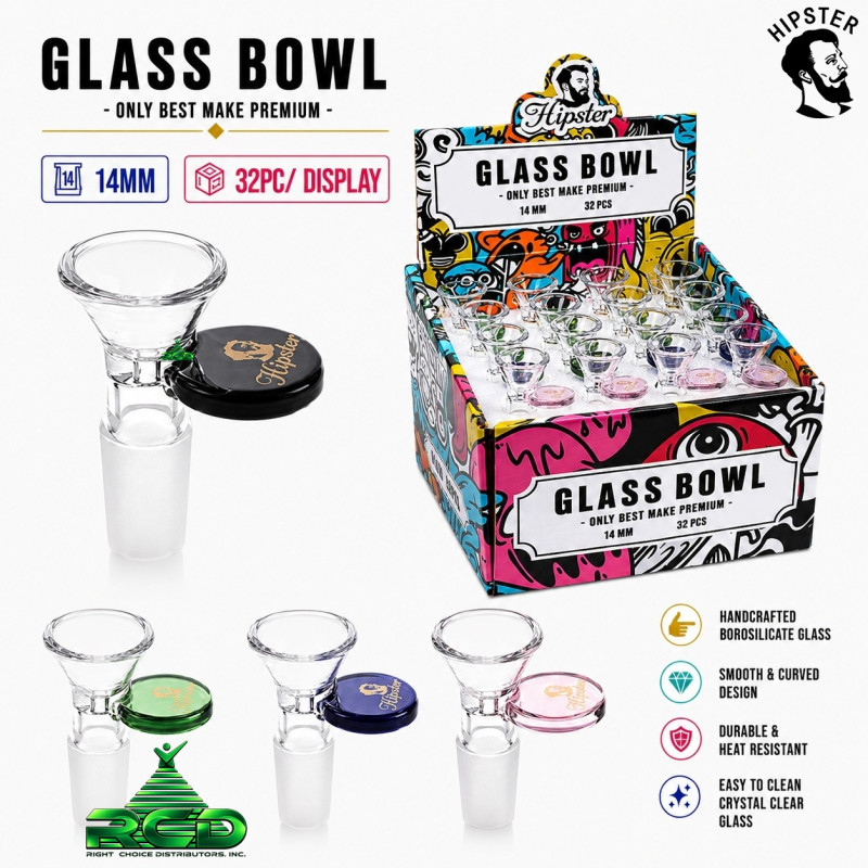 HIPSTER FUNNEL W/FLAT TAB COLORED 14MM GLASS BOWL 32CT/ DISPLAY BMDSET06