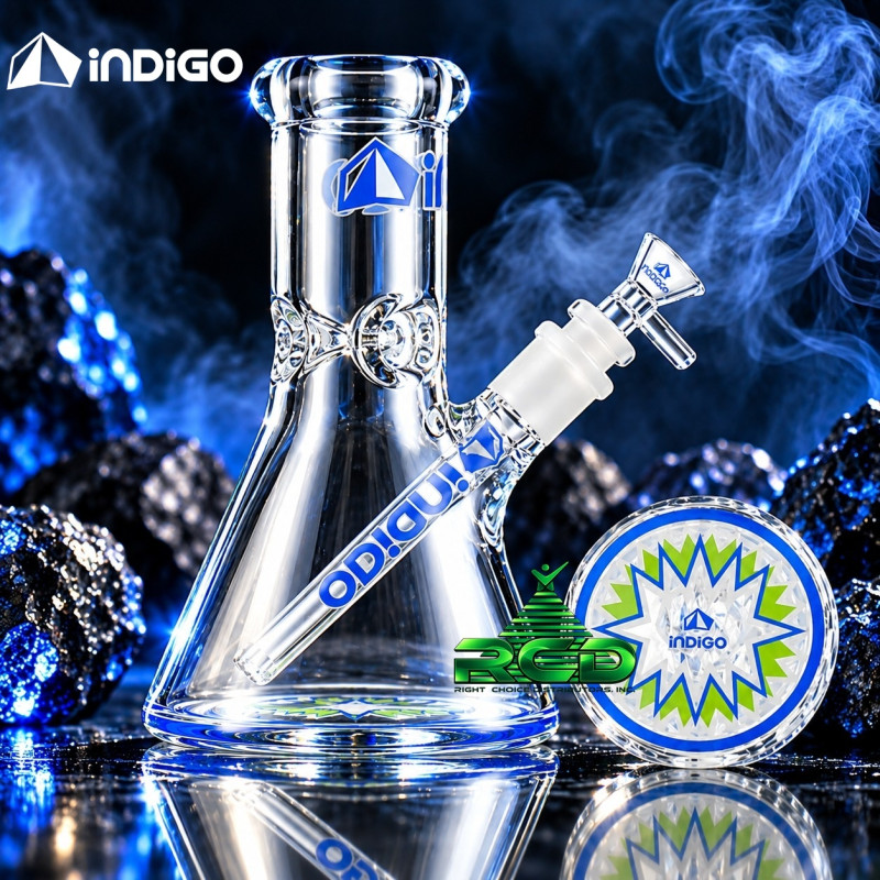 WATER PIPE INDIGO BEAKER 7MM W/ COLORFUL GEOMETRIC BURST PATTERN WPI1801 1CT