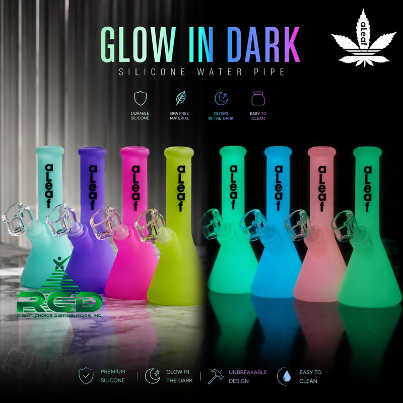 SILICONE WATER PIPE ALEAF BEAKER GLOW IN DARK WPS7018 1CT